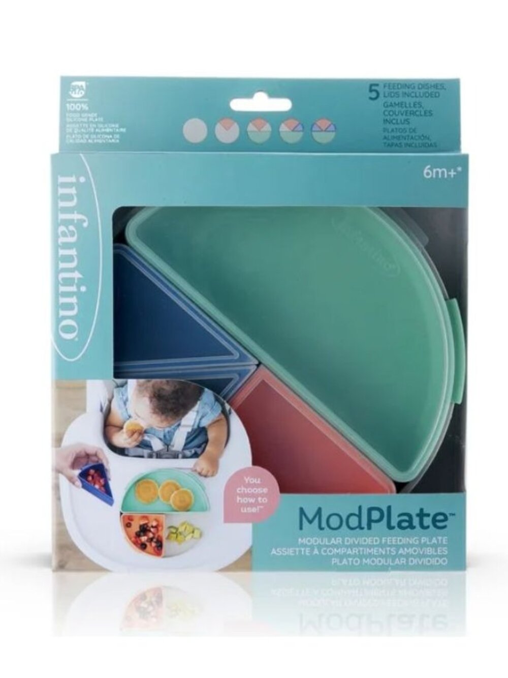 Infantino ModPlate Modular Divided Feeding Plate With Lids For 6M+ Dishwasher &